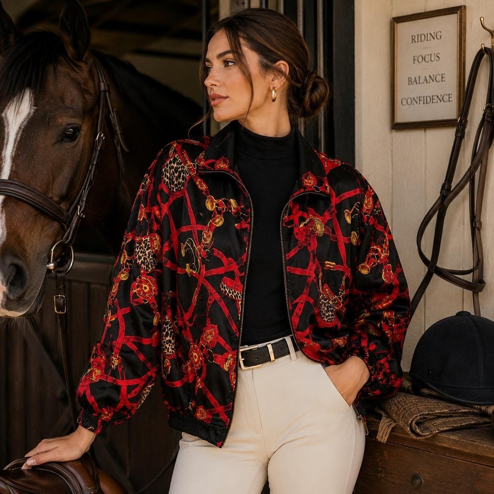 Silk Baroque Bomber Jacket Womens Size XL Red Equestrian Leopard Print 90s VTG